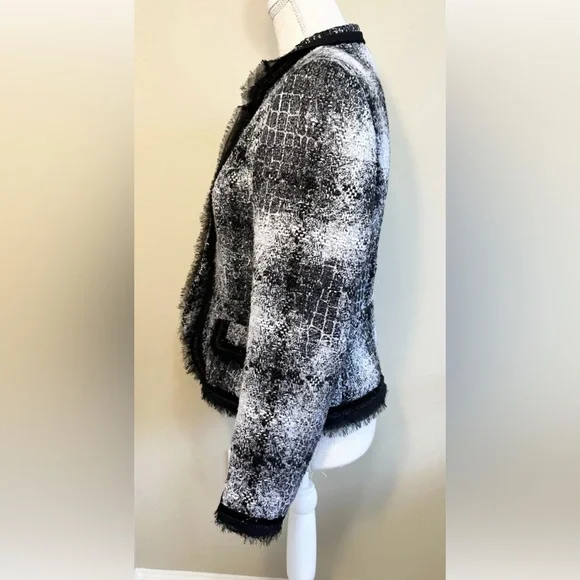 Cache' 6 Tweed Blazer Lined Clasp Closure Chiffon Trim Black White Silver Flat - Picture 6 of 11